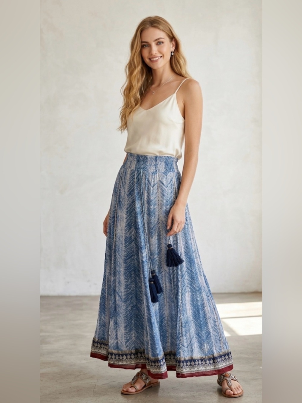 Soft Surroundings Blue Printed Maxi Skirt with Tassels